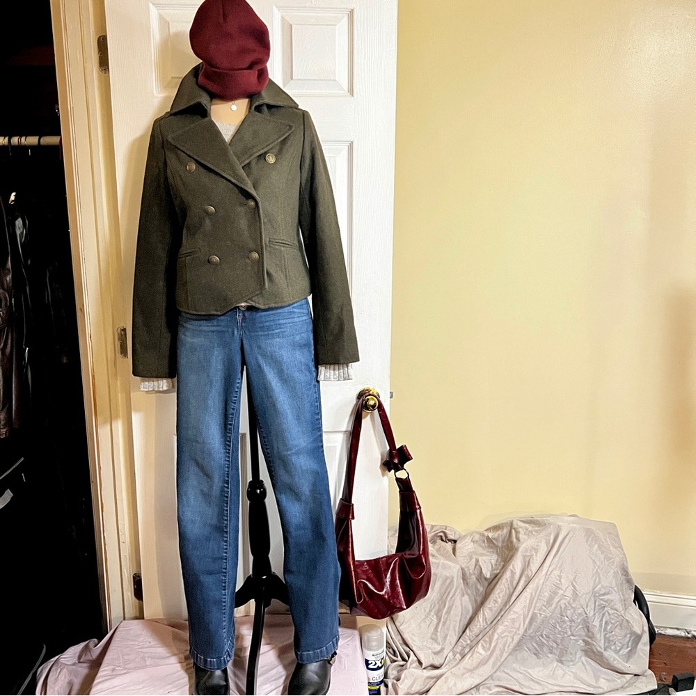 Old Navy Wms Wool‎ Blend Moss Green Military Crop Lined Retro Preppy Jacket S